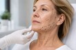 © Daniel - Thread lift face marking on mature woman jawline and cheek with lifting arrows before cosmetic procedure, non-surgical facial rejuvenation consultation