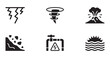 © Farik - Set of natural disaster icons showing lightning tornado volcano landslide flood and storm symbols.