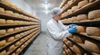 © Maryia - Cheese manufacturing scene showing controlled maturation shelves, hygienic inspection and food quality assurance in dairy facility.