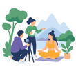 © Harriette - Production crew filming a woman practicing yoga and meditation outdoors in nature vector illustration.
