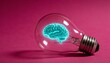 © willem - Glowing human brain inside a clear glass light bulb symbolizing creativity and new ideas on a pink background