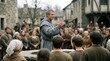 © none - Medieval Monk Preaching to a Crowd of Villagers in Town Square