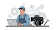 © Savira - Mechanic working on laptop with engine, car, gears concept illustration