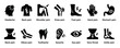 © Vladislav - Collection of black glyph icons representing various types of human body pain, including headache, back pain, joint injury, and other common medical symptoms and ailments
