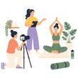 © crypto - Women recording online yoga class tutorial video with camera in studio flat vector illustration.