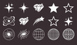 © tecna - Y2K retro futuristic celestial elements aesthetic starburst sparkles diamond planet galaxy wireframe grid icons set vector illustration