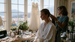 © forenna - Bridal party hair and makeup assembly in large suite with natural window light, two stylists working simultaneously, wedding dress hanging near window in background, scattered beauty products and je