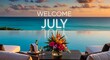 © haziq - Colorful flower arrangement with July greeting on tropical beach backdrop.