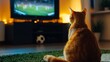 © aulaiphon - Cat watching soccer on tv cozy living room setting indoor home playful environment engaging perspective feline entertainment experience
