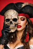 A woman dressed in a pirate costume holds a skull, portraying a dramatic scene inspired by the story of Hamlet's father's ghost.