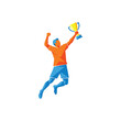 © indah - Man jumping with trophy cup high.