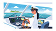© mstmahmuda - Captain at the Helm: A female captain in a white uniform and hat confidently steers a yacht through the open sea, surrounded by the vast expanse of blue water and a clear sky.