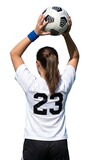 Female Soccer Player Throw In Ball Overhead White Background Isolated Back View
