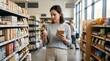 © Olinka N - A woman stands in a grocery store looking at two different food items. She holds a jar in one hand and a box in the other hand while comparing the products. Shoppers are visible in the background