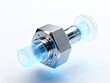© wilson - Real metal hexagonal connector bolt with blue wireframe holographic projection of extended parts representing digital industrial engineering product design and simulation