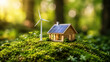 © fantasyart3d - Casa ecologica con turbina eolica e pannelli solari nel bosco. Generative AI
