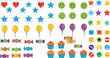 © MdMojnu - Cute Colorful Kids Party Sticker Icon Set with Hearts, Stars, Smiley Faces, Balloons, Candies, Cupcakes and Emoji Elements for Birthday, Celebration, and Fun Designs