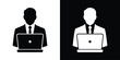 © bibin - Professional man in a suit working on a laptop computer. Icon representing office work, programming, or online business.