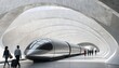 © Normal Desing - Futuristic hyperloop train pod awaiting departure in high-tech minimalist station ultra fast transport concept featuring sleek design and modern environment