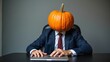© Nataliia_Trushchenko - Businessman in a suit with a pumpkin for a head working on a laptop at a desk, gray wall in the background, creative concept for Halloween or autumn themes