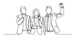 © Normal Line Drawing - Continuous single line drawing of a happy business team with man and woman standing together celebrating their professional success in a modern office setup Vector, illustration