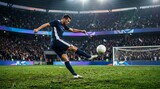 Professional football striker shooting a goal in a stadium with a large crowd