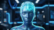 © Stocky Boi - A close-up portrait of a futuristic AI robot showcasing an illuminated neural network brain in a high-tech environment.