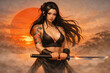 © PANDORA ILARE - donna kunoichi guerriera giapponese dai lunghi capelli neri e tatuaggio irezumi su di un braccio, woman Japanese kunoichi warrior with long black hair and an irezumi tattoo on one arm