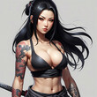 © PANDORA ILARE - donna kunoichi guerriera giapponese dai lunghi capelli neri e tatuaggio irezumi su di un braccio, woman Japanese kunoichi warrior with long black hair and an irezumi tattoo on one arm