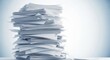 © Katherina - An overwhelming, disorganized pile of white paper documents overflowing a desk, symbolizing bureaucracy, heavy workload, and administrative chaos, office, volume, wood