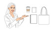 © Siti Yaeni - Business woman presenting brand identity mockup set with coffee cup notebook and tote bag.