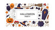 © Debashis - Festive Halloween party invitation frame is decorated with spooky icons like pumpkins, skulls, bats, and witch hats.