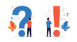 © Brandon - Two men standing next to a large blue question mark and an orange exclamation point in deep thought while solving a problem.