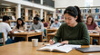 © Xenia - Chinese student studying in a university library. Focused young woman reading and writing