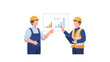© aan - Construction Engineers and Project Managers Analyzing Performance Data on a Bar Chart. Flat Vector Illustration of Industrial Teamwork and Strategic Planning.