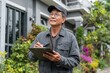 © sogap - Middle-aged man in casual work attire examines documents while standing near flowering plants outside a house.