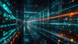 © NChannStudio - Digital Server Room with Data Flow: A futuristic server room glows with neon lights, showcasing racks of computer hardware and streams of digital data flowing through the network.