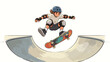 © ping - Charming cartoon-style young skateboarder performing an airborne trick above a concrete half-pipe, wearing full protective gear against a clean bright minimalist white background