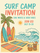 © Avra - Colorful surf camp invitation with palm trees and beach scene