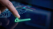 © newlifestock - Finger dark surface glowing checkmark digital interface technology touchscreen hand close up circuit board futuristic