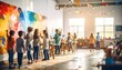© Arjuna - Children engaged in a vibrant art class, painting a large mural together.