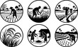 © Matin - Circular icons featuring farmers working in paddy fields using traditional methods during sunset and sunrise times as agricultural illustrations for web design use.