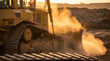 © Barirotul - Yellow bulldozer working on a construction site at sunset, kicking up dust and dirt