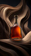 © VISUALCRAFT - Elegant amber spirit bottle with rich, swirling, luxurious brown and blonde hair strands against a dark background