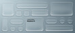 © Designer Salim - set of liquid glass morphism white elements in various shapes. Transparent glass panel, light frame, smartphone and web application banner with blur effect