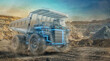 © Yevhen - Transparent futuristic hologram of a heavy mining dump truck working in a dirt quarry. This digital twin concept illustrates modern industrial engineering and smart construction technology.