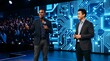 © 99Erya - Man presenting ideas on stage with futuristic digital screen
