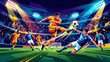 © Rey - Soccer players compete for the ball during a high-stakes championship match under bright stadium lights with a cheering crowd in the vibrant background.