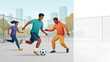 © Rey - Soccer players compete in a dynamic urban park match while running across a concrete ground with city skyscrapers visible in the soft, hazy morning light.