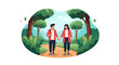 © Den - Flat vector illustration of a young man and woman holding hands while walking on a dirt path through a green forest park, wearing matching red jackets and casual outfits.